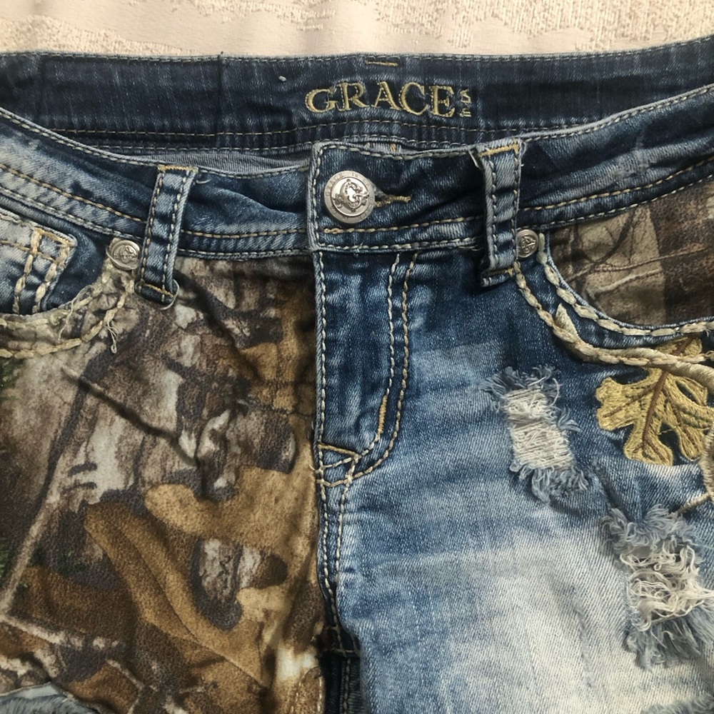 Grace Blue and Brown Jean Shorts with Distressed Design
